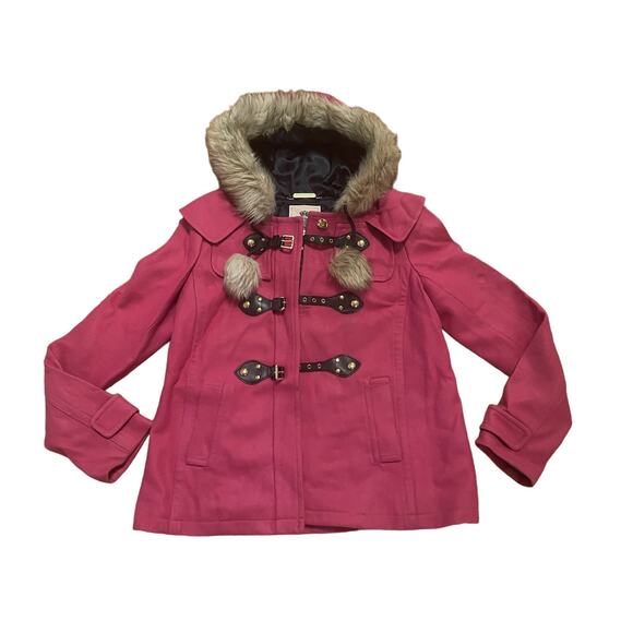 Juicy Couture Vintage Y2K Pink Wool Blend Pom Pom Faux Fur Coat Jacket M